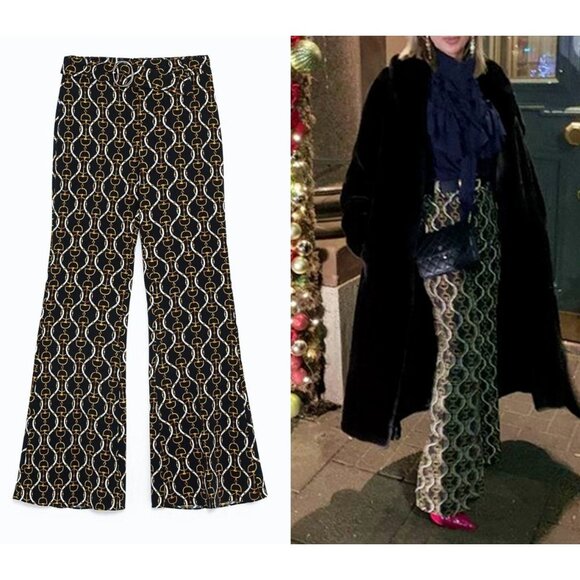 ZARA Womens Medium Equestrian Chain Print Flared Trousers Dress Pants - Picture 2 of 11